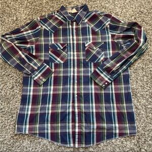 Western Frontier Pearl Snap Shirt Mens XXLT Plaid Vintage Made USA Long Sleeve